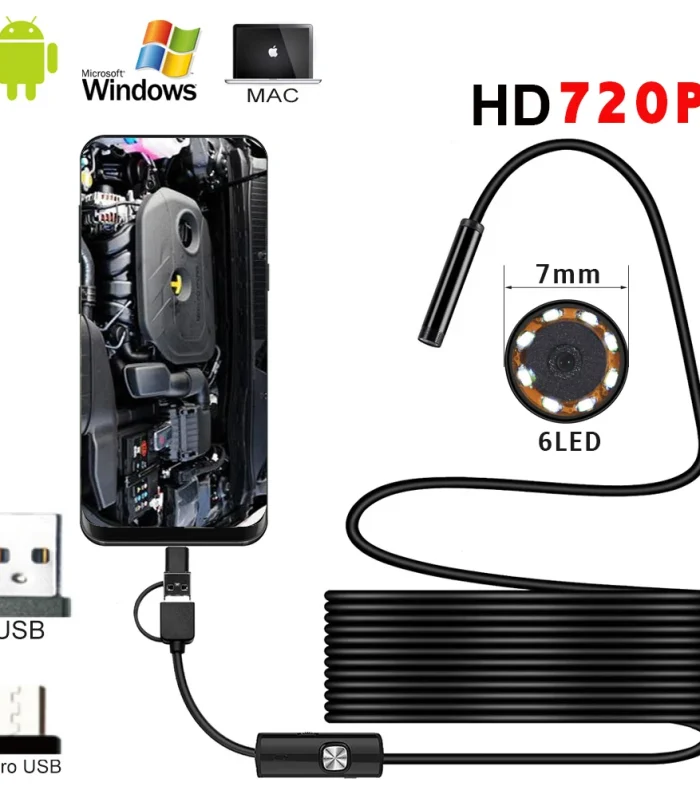 7mm Endoscope Mini Action Camera 720p Video Waterproof Cameras 6LED Inspection Borescope 360 Camera for Android Mobile Phone